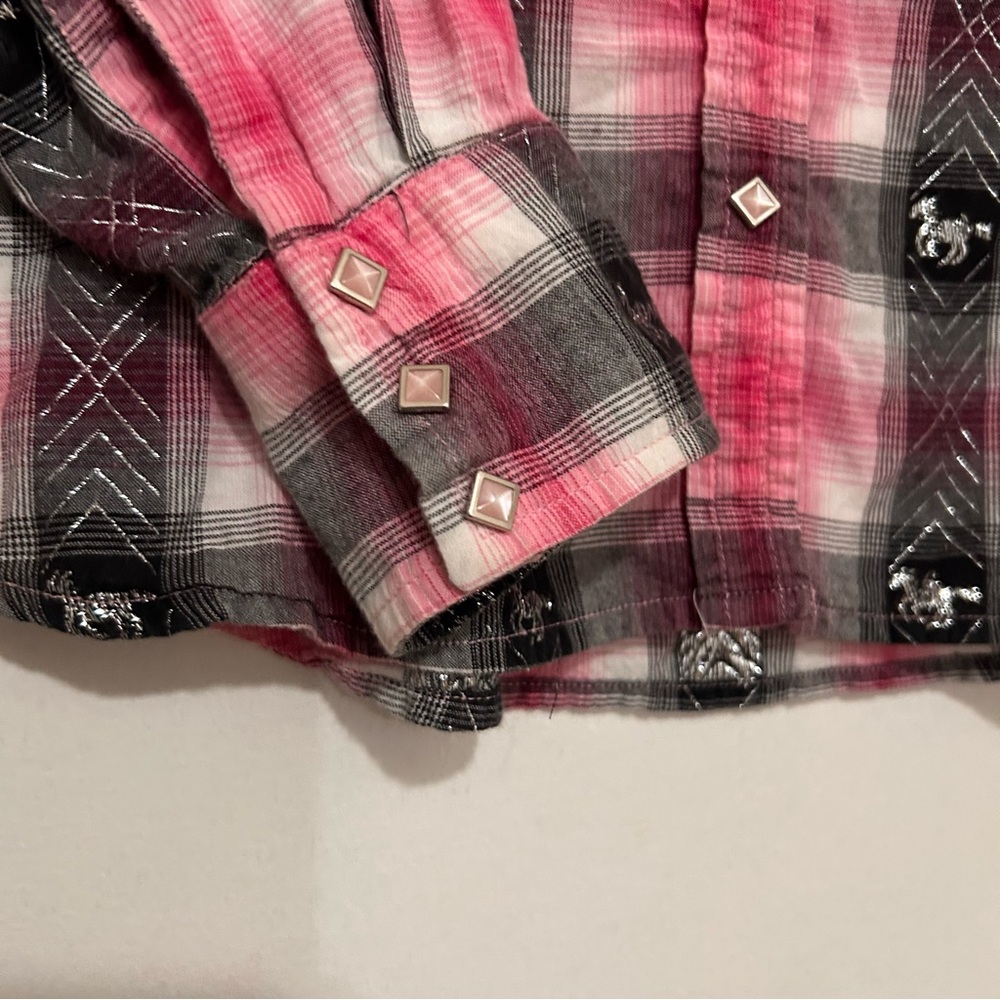 Panhandle Slim Women’s Pink Plaid Western Shirt Pearl Snaps Cowgirl Horse Boho M - Picture 6 of 9